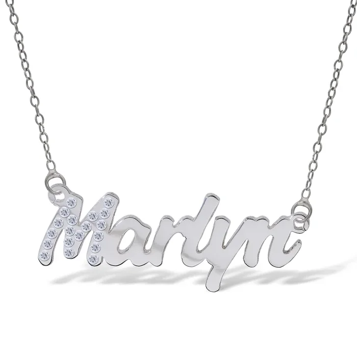 Personalised Sterling Silver Signature Name Pendant with Cubic Zirconia Initial on 40cm Chain