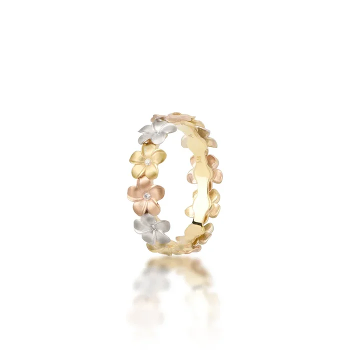Plumeria Eternity Ring in Tri Color Gold with Diamonds – 5mm
