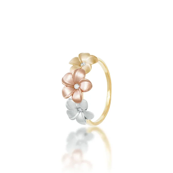 Plumeria Ring in Tri Color Gold with Diamonds – 10mm