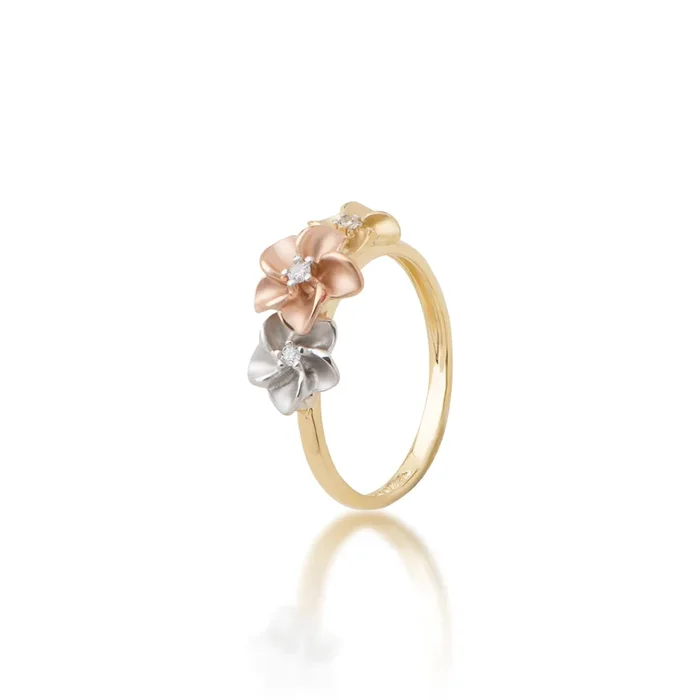 Plumeria Ring in Tri Color Gold with Diamonds – 8mm