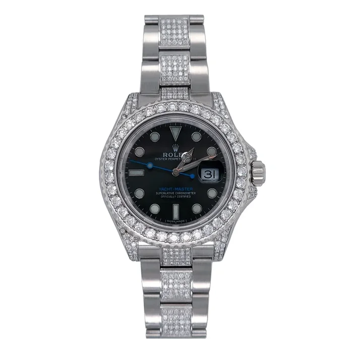 Pre-Owned Rolex Pave Diamond Stainless Steel Oyster Perpetual Yacht-Master with 40X40 MM Gunmetal Round Dial. 116622