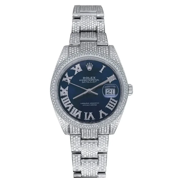 Pre-Owned Rolex White Stainless Steel Oyster Perpetual Datejust with 36X36 MM Blue Diamond Dial. 116200-Iced Out