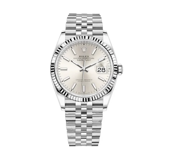 Pre-Owned Rolex White Stainless Steel Oyster Perpetual Datejust with 36X36 MM Silvertone Round Dial. with 18K Gold Bezel