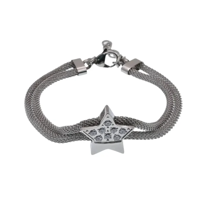 Pulsera ajustable de acero inoxidable de doble hebra con malla y estrella de circonitas transparentes – SBB00066