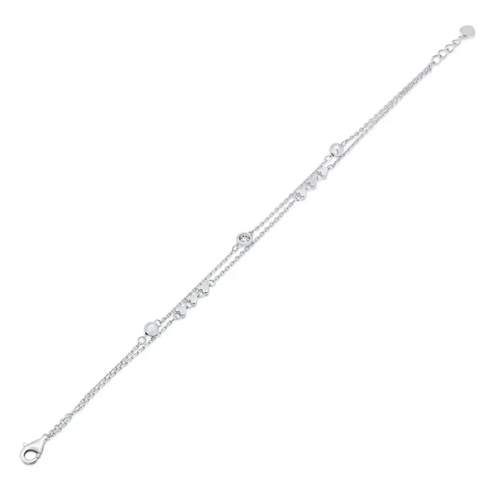 Pulsera ajustable de plata de ley 925 rodiada con dije de corazón de dos vueltas y circonita cúbica transparente con corte de diamante – GMB00163