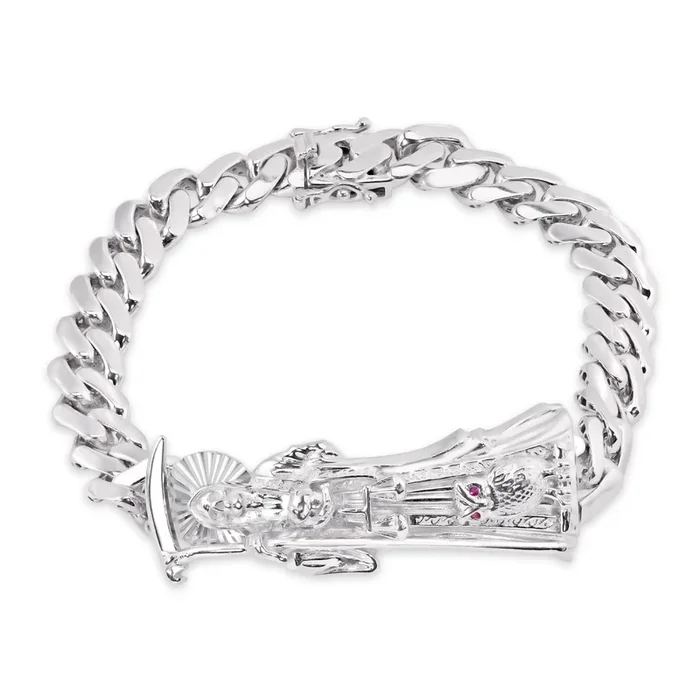 Pulsera cubana de 9 mm con el Ángel de la Muerte de la Santa Muerte en plata de ley 925 rodiada – GMB00127