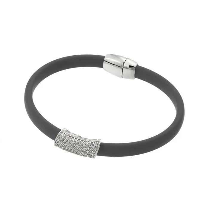 Pulsera de caucho gris con circonita cúbica transparente chapada en rodio y plata 925 – ECB014RH