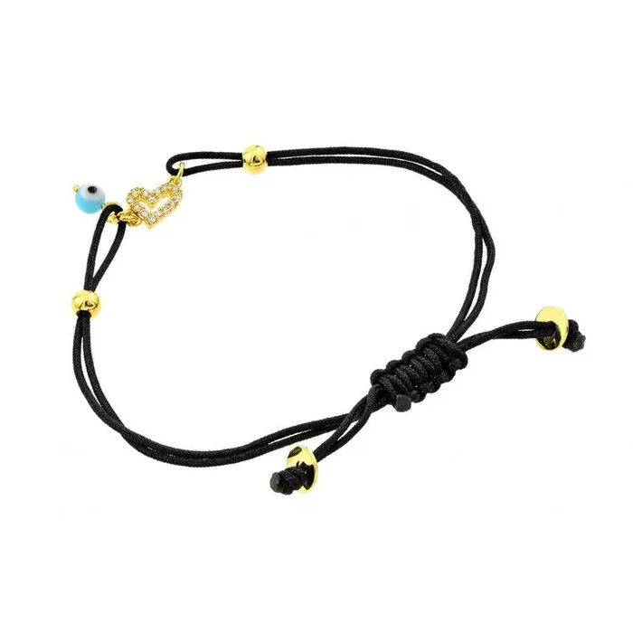 Pulsera de cordón negro con circonita cúbica colgante de mal de ojo chapada en oro de plata 925 – BGB00193