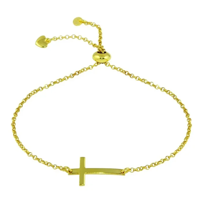 Pulsera de cruz horizontal de plata de ley 925 bañada en oro con dijes de corazón – ARB00031GP