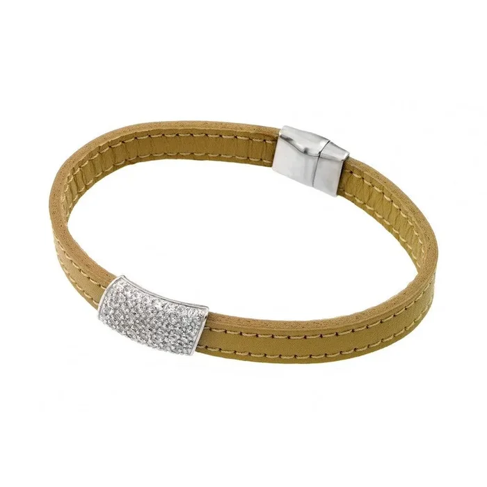 Pulsera de cuero con circonita cúbica transparente chapada en rodio en plata 925 – ECB002RH