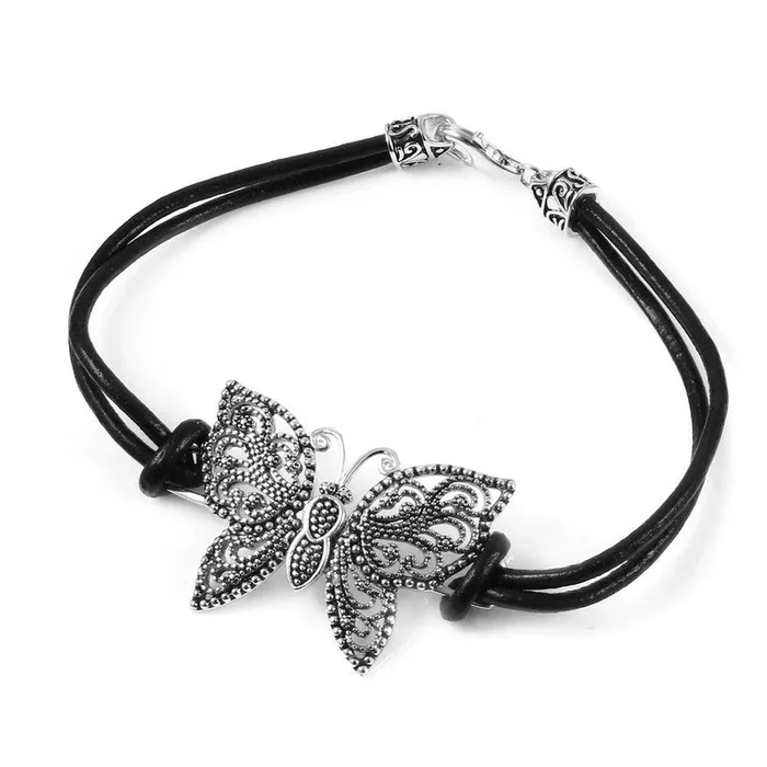 Pulsera de cuero de mariposa con cuentas de plata 925 – BGB00248