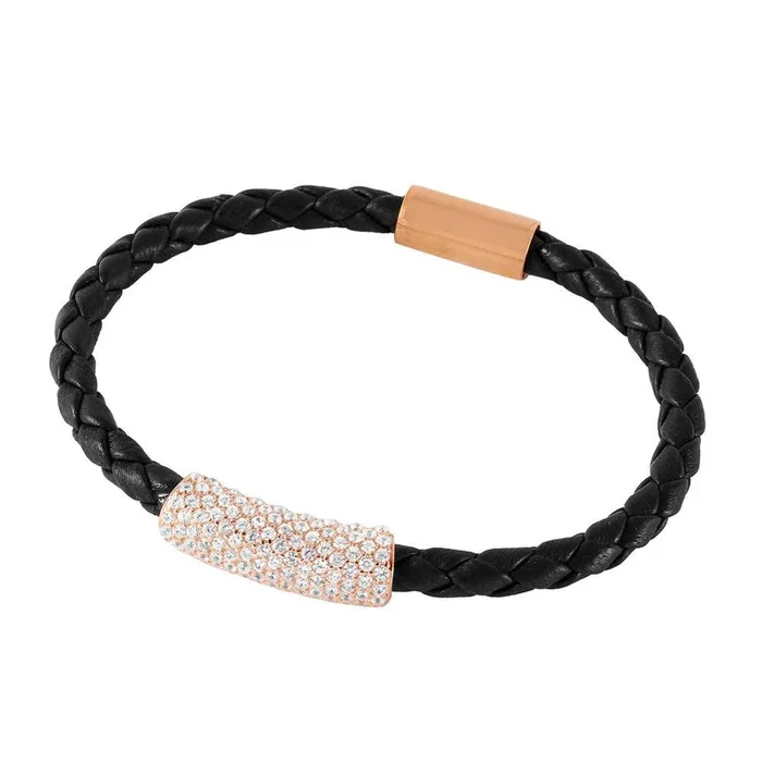 Pulsera de cuero italiano con barra de circonita chapada en oro rosa de plata 925 – ITB00142RGP-BRN