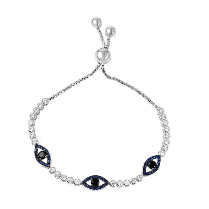 Pulsera de eslabones de burbujas de ojo malvado de plata 925 chapada en rodio con 3 circonitas azules – GMB00034B-SB