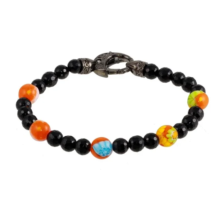 Pulsera de eslabones de cristal de Murano con cuentas de circonita cúbica negra en plata de ley 925 bañada en rodio – MB00006.