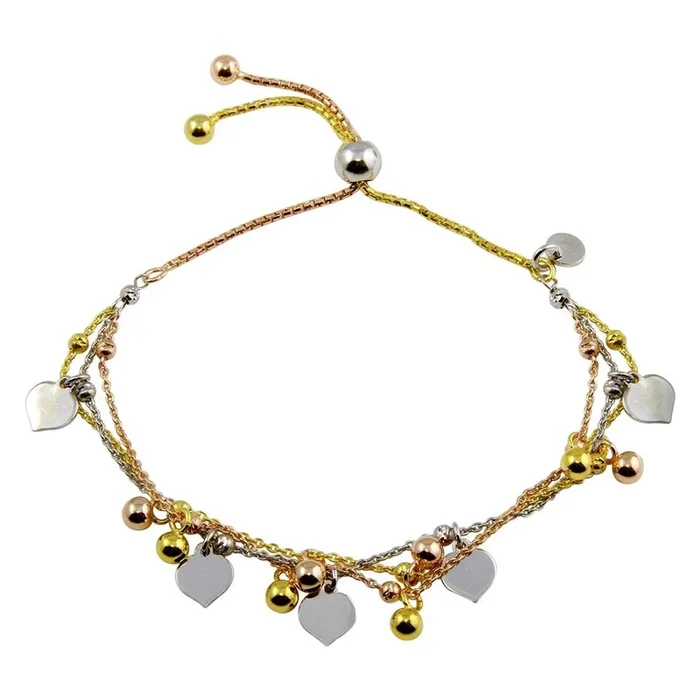 Pulsera de lazo con múltiples cadenas, hojas y cuentas en plata de ley 925 bañada en tres tonos – ECB00125