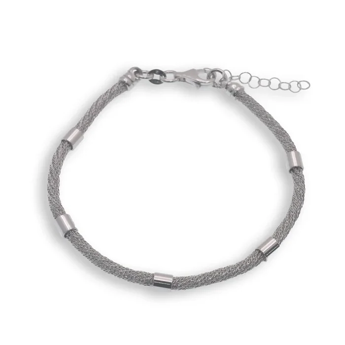 Pulsera de malla trenzada italiana rodiada con detalles tubulares (GTB00013RH)