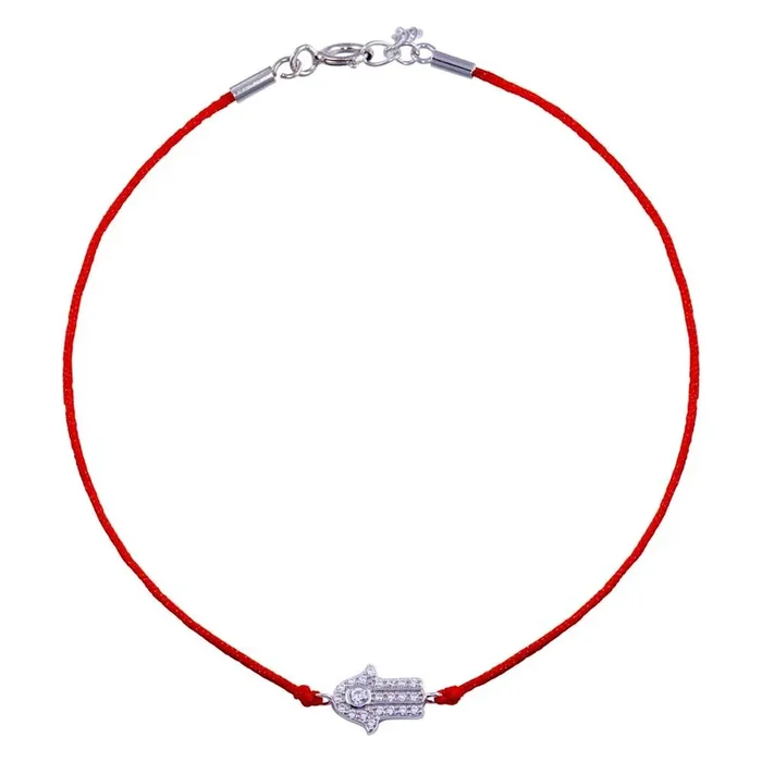 Pulsera de mano de Fátima con cordón rojo y circonitas cúbicas en plata de ley 925 rodiada – STB00595
