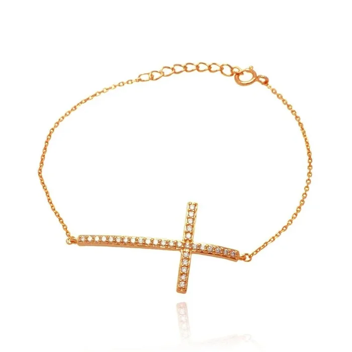 Pulsera de plata 925 chapada en oro rosa con cruz lateral y circonitas – BGB00125RGP
