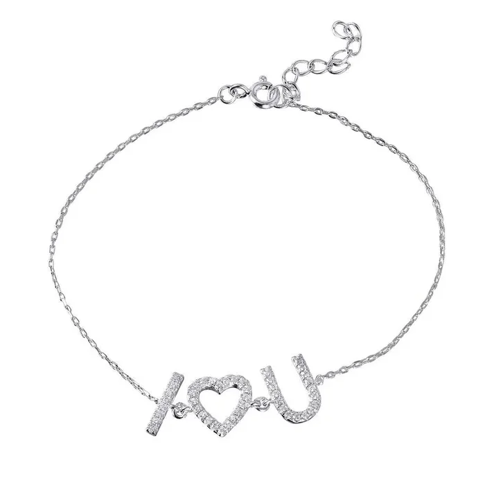 Pulsera de plata 925 chapada en rodio CZ ‘I [corazón] U’ – STB00521