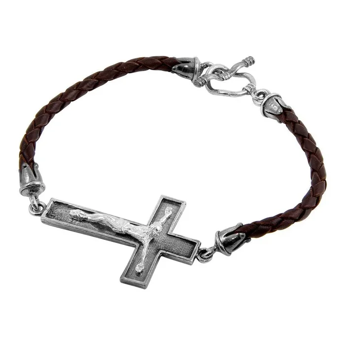 Pulsera de plata de ley 925 oxidada con cruz y correa de cuero – OXB00014