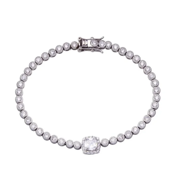 Pulsera de tenis de plata de ley 925 con circonitas cúbicas transparentes y centro de halo transparente – BGB00363CLR