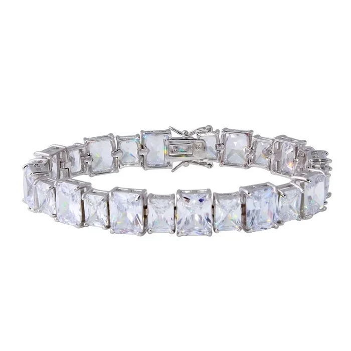 Pulsera de tenis de plata de ley 925 rodiada de 11 mm con circonitas cúbicas rectangulares grandes y pequeñas alternadas – STB00544RH