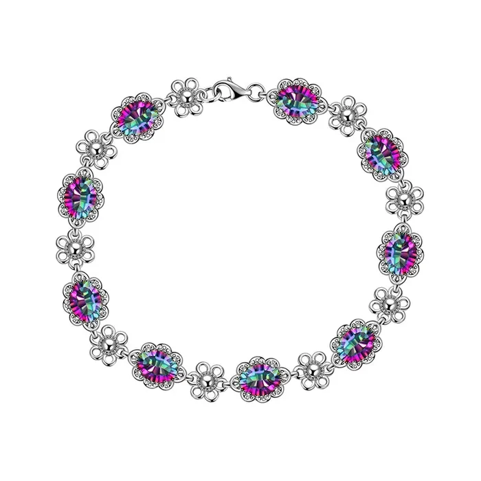 Pulsera de tenis vintage para mujer, joyería de topacio místico arcoíris, flor ovalada, regalos para niñas, Plata de Ley 925