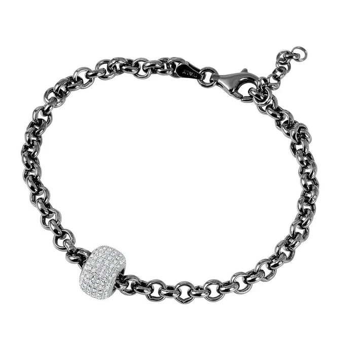 Pulsera Rolo chapada en rodio negro de plata 925 con cuenta central de micro pavé – ECB00047BW