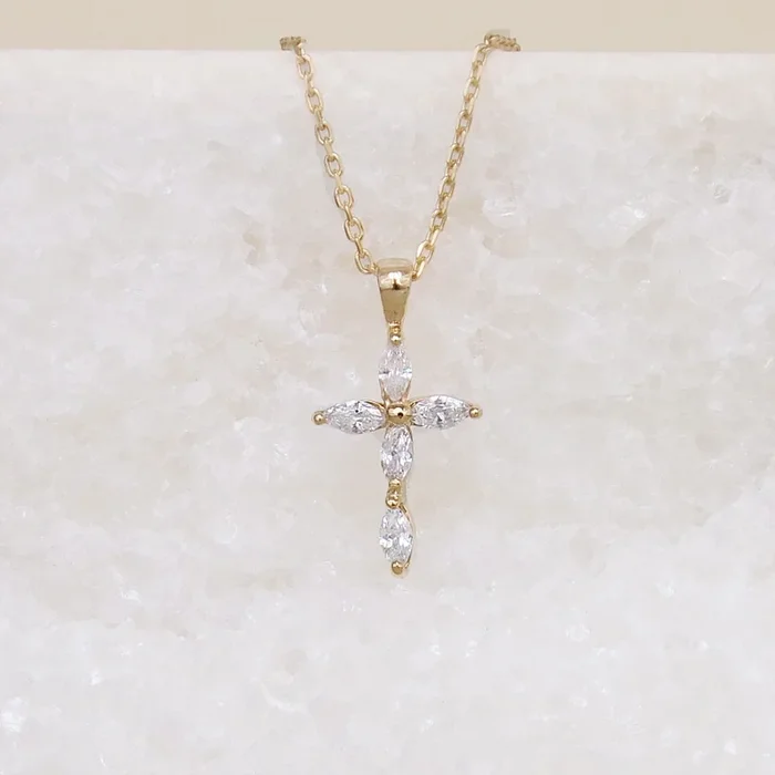 Religious cross pendant with oval oxides and gold plated