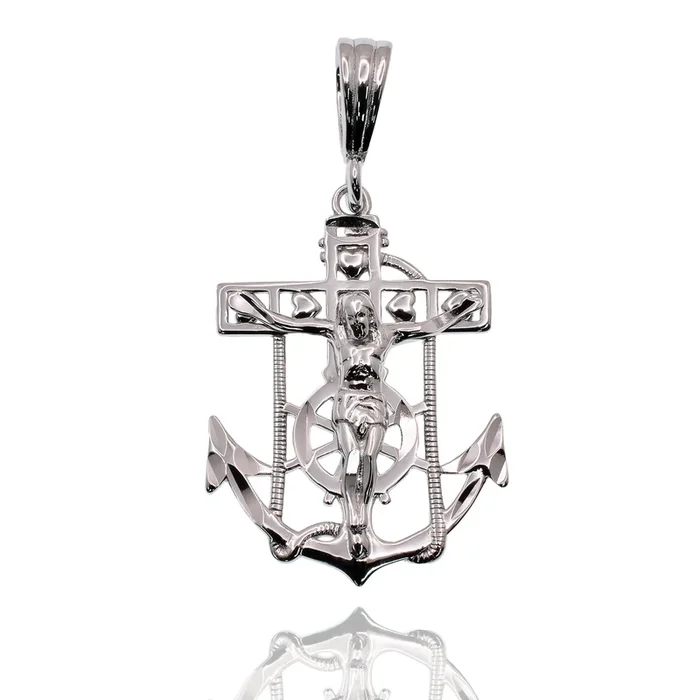 Rhodium Plated 925 Sterling Silver Anchor Crucifix Nautical 17mm x 24mm Pendant – SLP00473