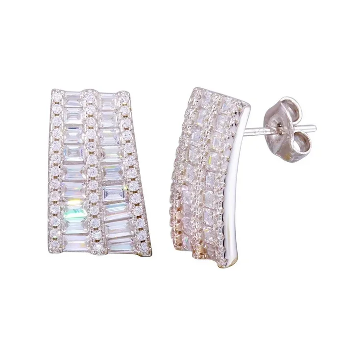 Rhodium Plated 925 Sterling Silver Baguette and CZ Stud Earrings – STE01192