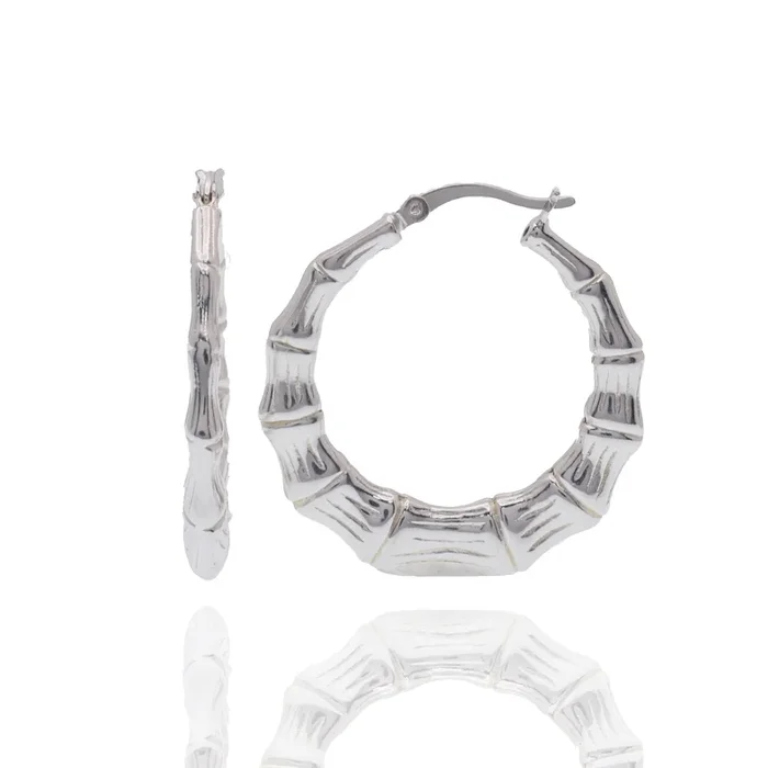 Rhodium Plated 925 Sterling Silver Bamboo Style Hoop Earring – APE00007