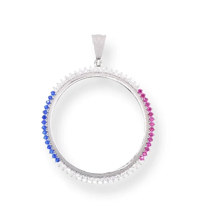 Rhodium Plated 925 Sterling Silver Bezel for Coin Clear Blue and Red CZ Pendant – SLP00443