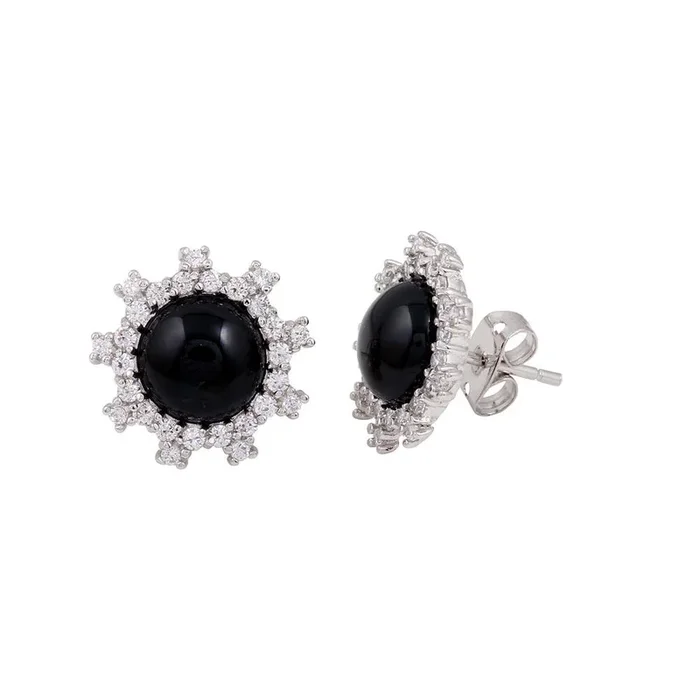 Rhodium Plated 925 Sterling Silver Black Flower Stud Earrings with CZ – BGE00428