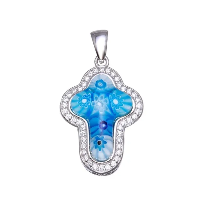 Rhodium Plated 925 Sterling Silver Blue Murano Glass Cross CZ Pendant – MP00001BLU