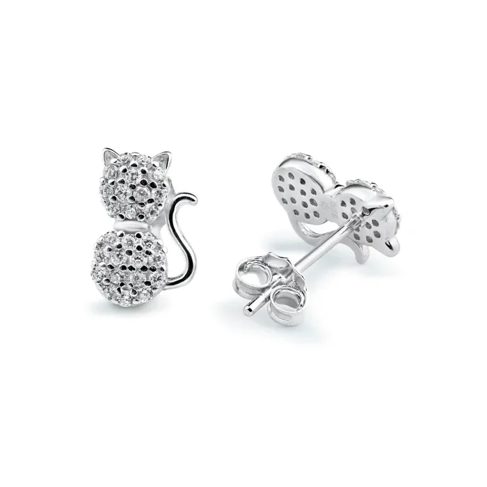 Rhodium Plated 925 Sterling Silver Cat Clear CZ Stud Earring – BGE00729