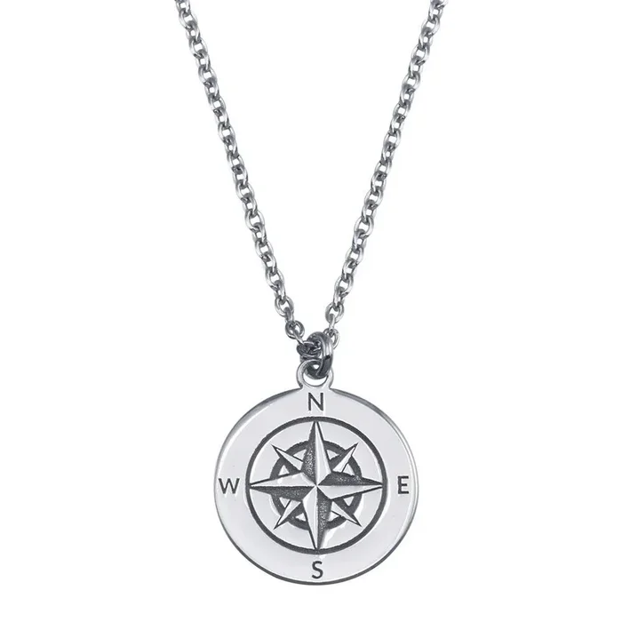Rhodium Plated 925 Sterling Silver Compass Engraved Disc Pendant Necklace – SOP00151
