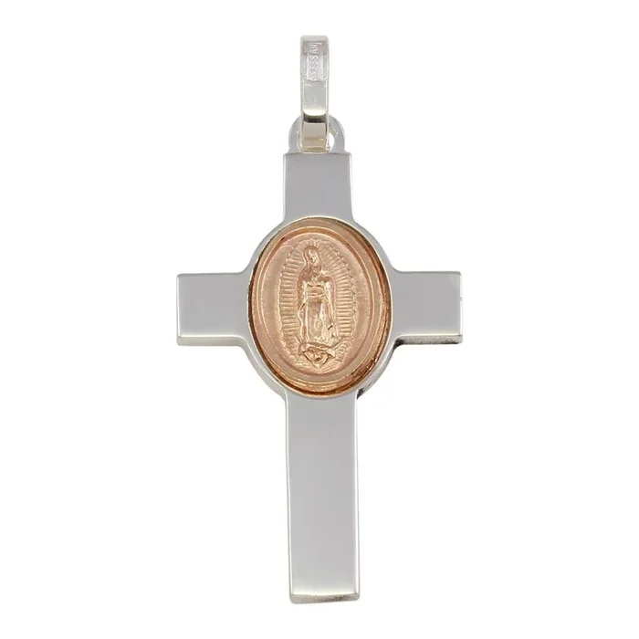 Rhodium Plated 925 Sterling Silver Cross Pendant with Rose Gold Plated Medallion – ARP00038RGP