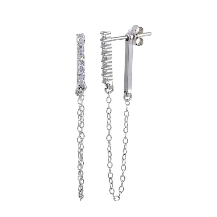 Rhodium Plated 925 Sterling Silver CZ Bar Dangling Chain Earrings – STE01172RH