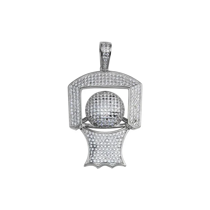 Rhodium Plated 925 Sterling Silver CZ Basketball Hoop Pendant – SLP00214RH