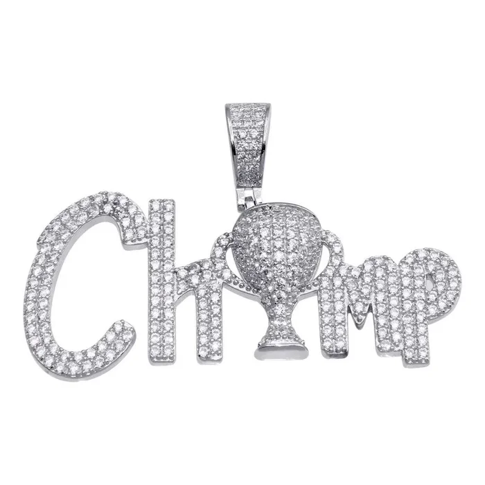 Rhodium Plated 925 Sterling Silver CZ Champ Hip Hop Pendant – SLP00166RH