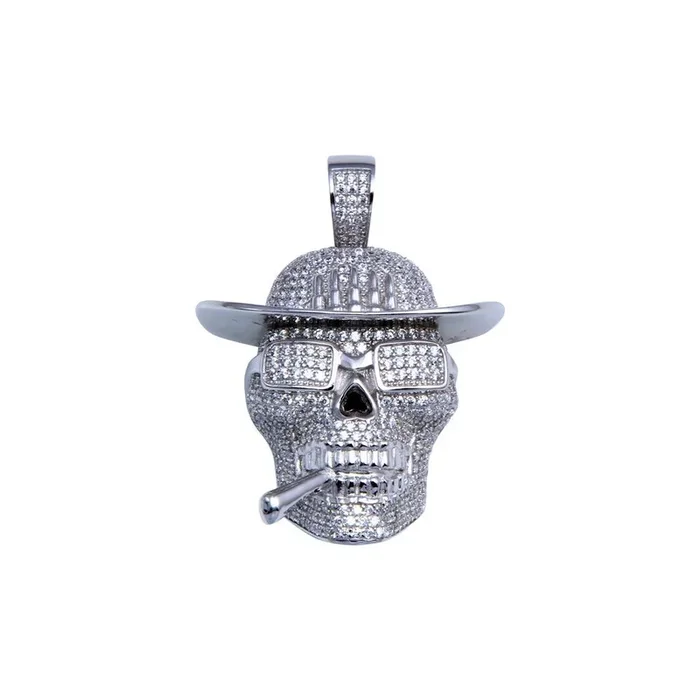 Rhodium Plated 925 Sterling Silver CZ Cowboy Skull Hip Hop Pendant – SLP00255