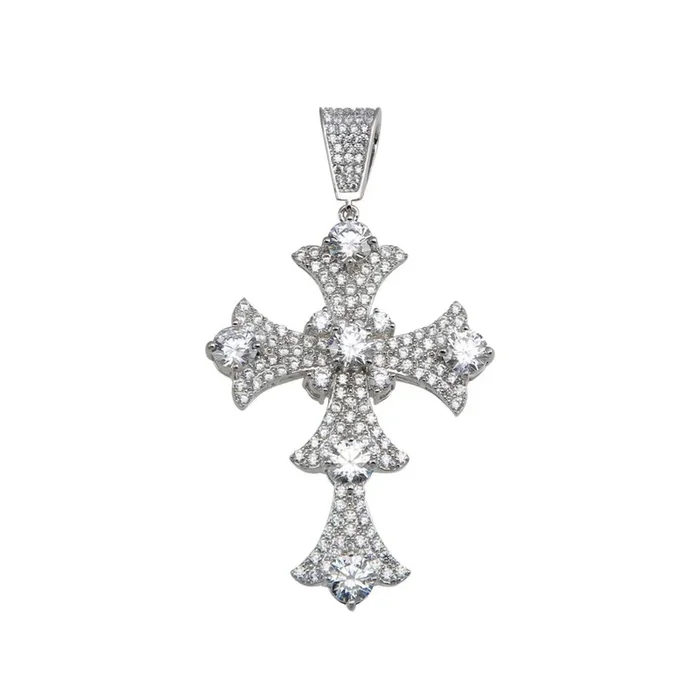 Rhodium Plated 925 Sterling Silver CZ Cross Hip Hop Pendant – SLP00164