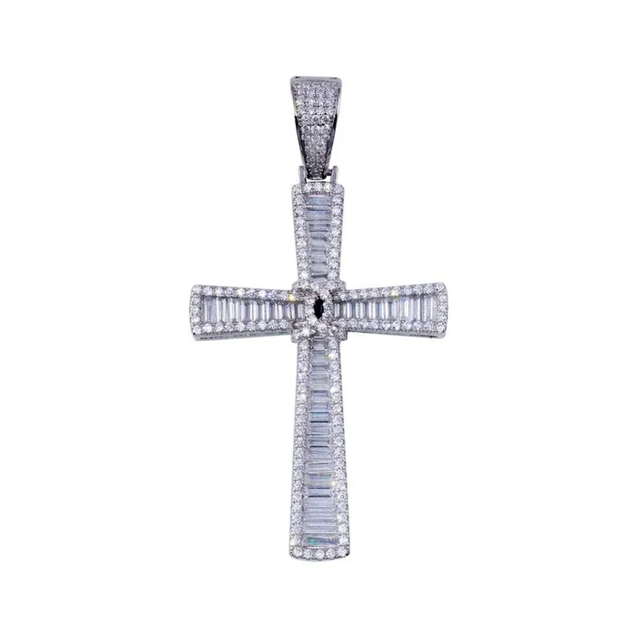 Rhodium Plated 925 Sterling Silver CZ Cross Hip Hop Pendant – SLP00263