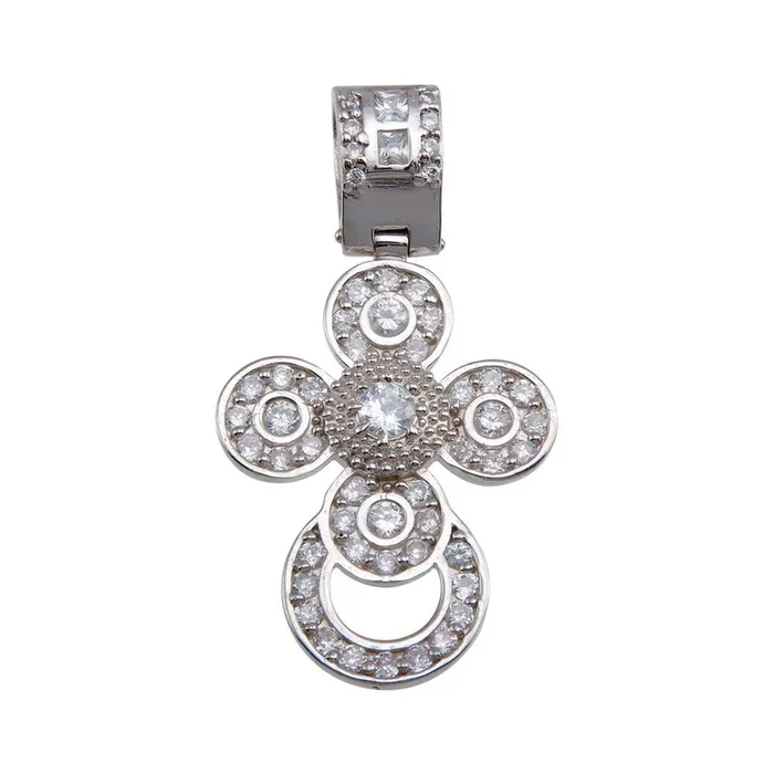 Rhodium Plated 925 Sterling Silver CZ Rounded Cross Hip Hop Pendant – SLP00168