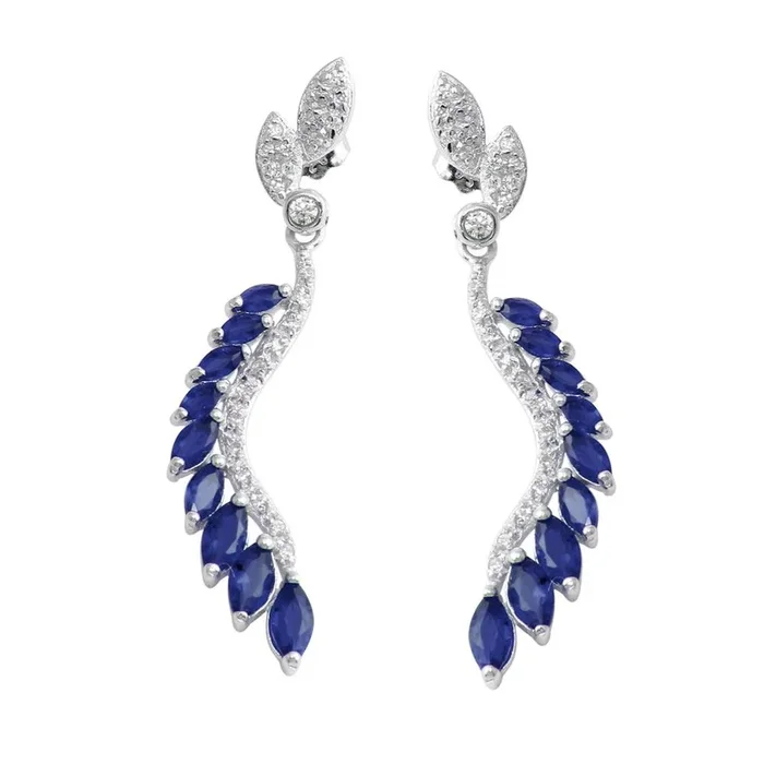 Rhodium Plated 925 Sterling Silver Dangling Feather Earrings with Blue CZ – BGE00604BLU