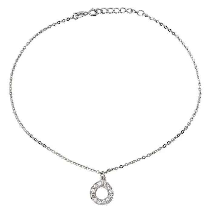 Rhodium Plated 925 Sterling Silver Dangling Open Circle with CZ Anklet – BGF00010