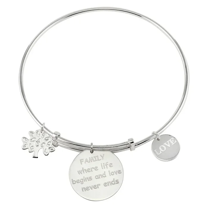 Rhodium Plated 925 Sterling Silver Family Charms Adjustable Bangle – DIB00005SF