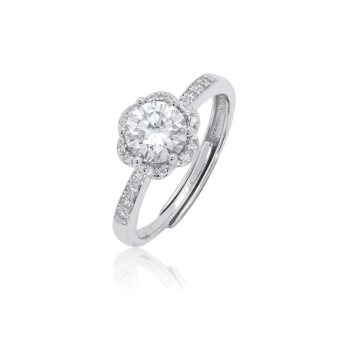 Rhodium Plated 925 Sterling Silver Floral Halo 9.2mm Moissanite Engagement Ring – MDGR00001