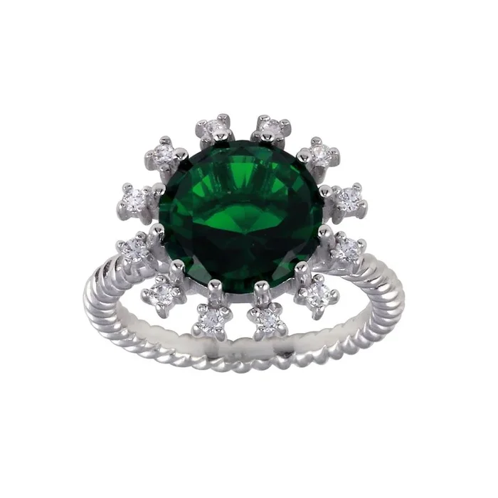 Rhodium Plated 925 Sterling Silver Green Center Flower CZ Ring with Rope Band – BGR01302GRN